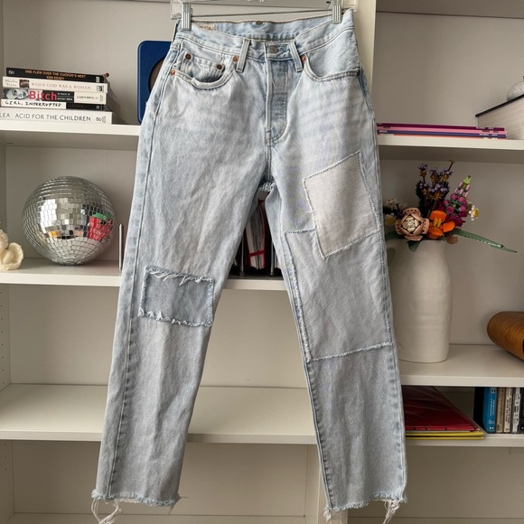 LEVIS 501 Crop Light Wash Patchwork Denim High-Rise Straight-Leg Jeans - Picture 7 of 12
